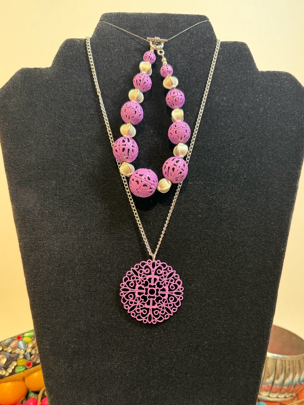 Purple Jewelry Set | Filigree Pendant Necklace + Beaded Bracelet